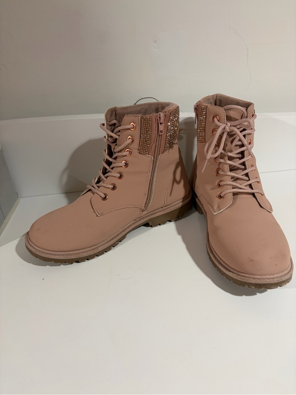 Womenโs Blush Pink Lace-Up Ankle Boots